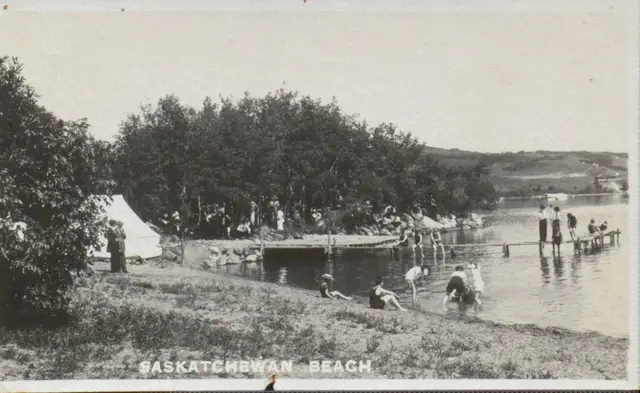 Bathers and tent at Saskatchewan Beach