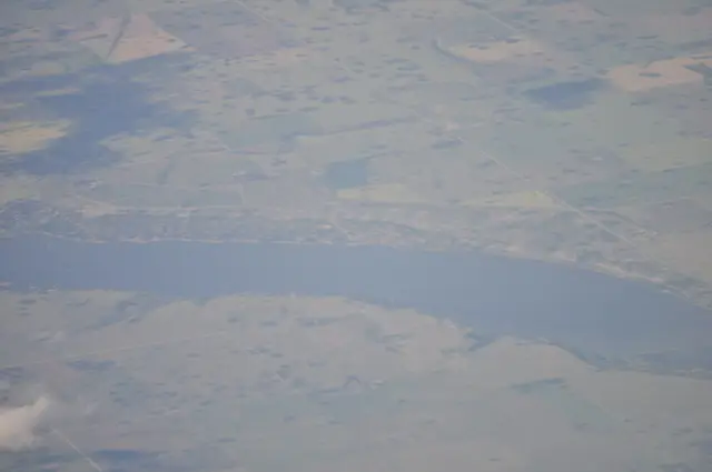 Aerial view of Last Mountain Lake and surrounding farmland