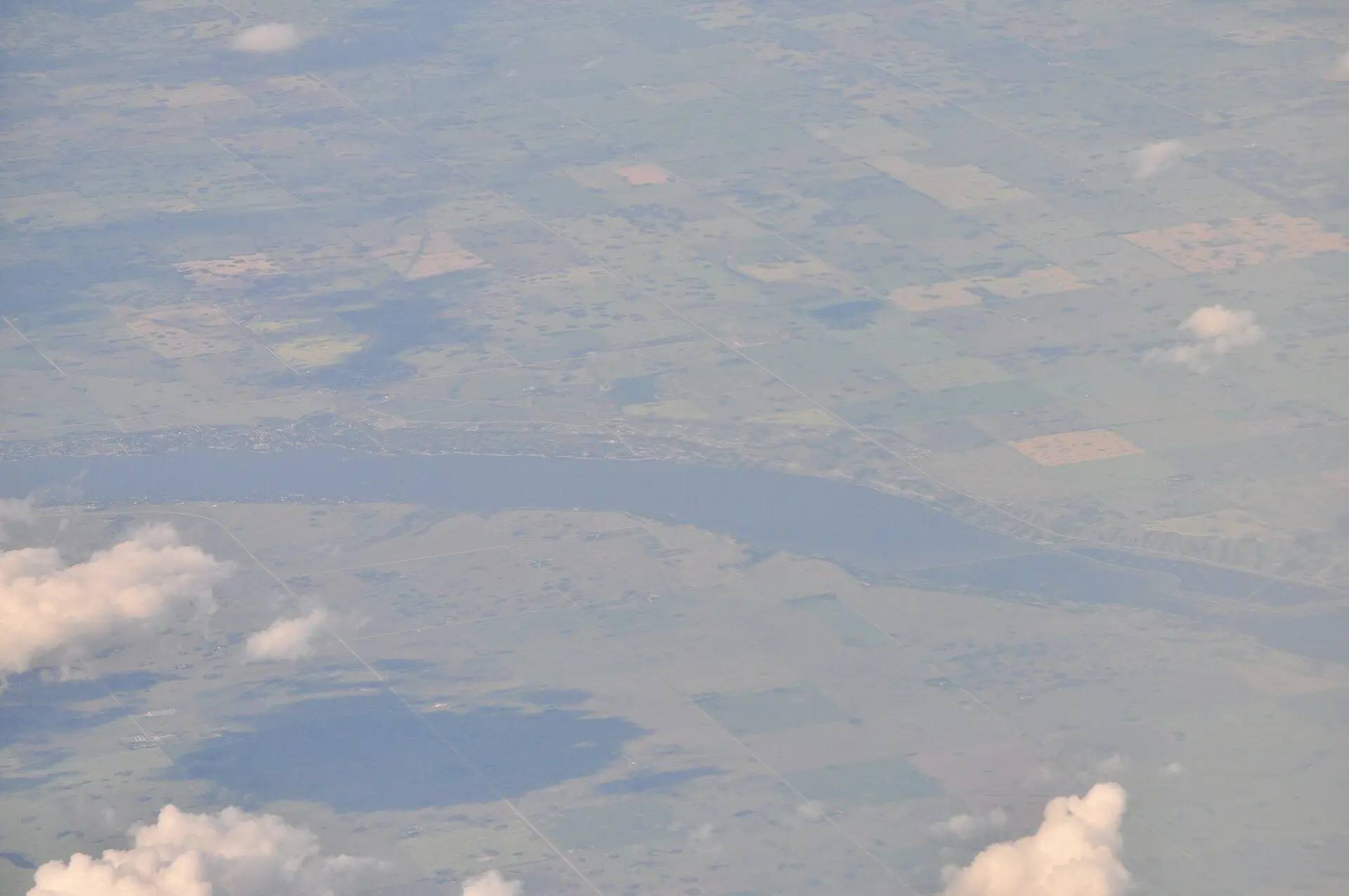 Aerial view of Last Mountain Lake and surrounding farmland